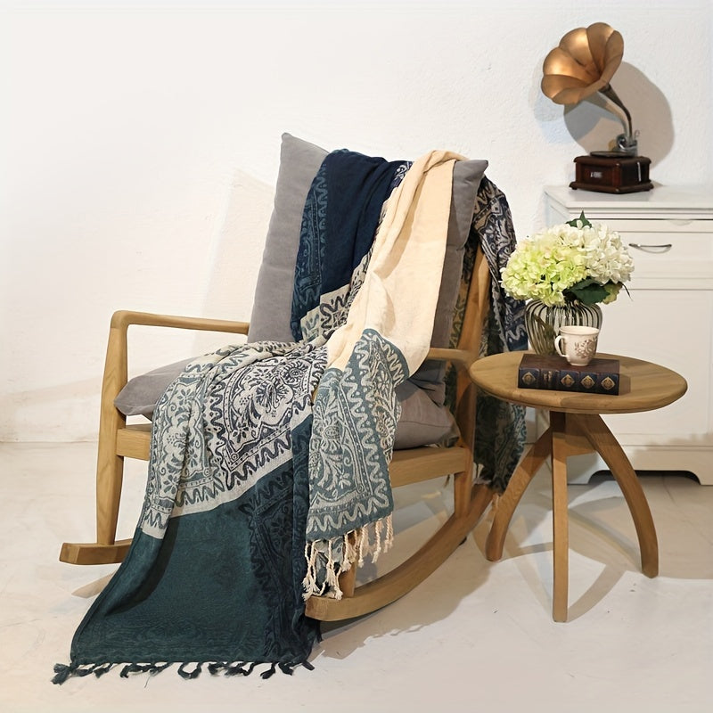 Boho Throw Blanket Chenille Tassel Bedspread