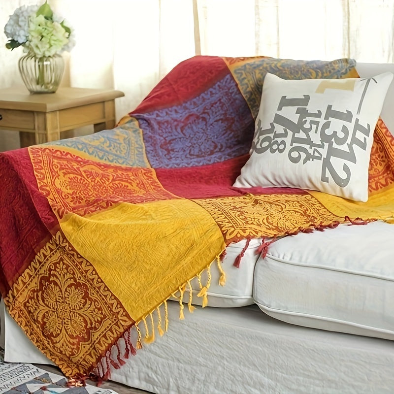 Boho Throw Blanket Chenille Tassel Bedspread