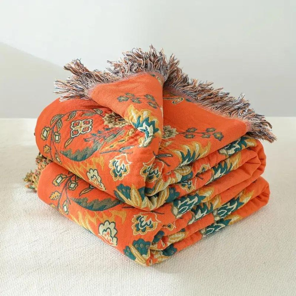 Boho Reversible Floral Woven Throw Blanket – Fringed Cotton Tapestry for Bed, Couch or Lounge