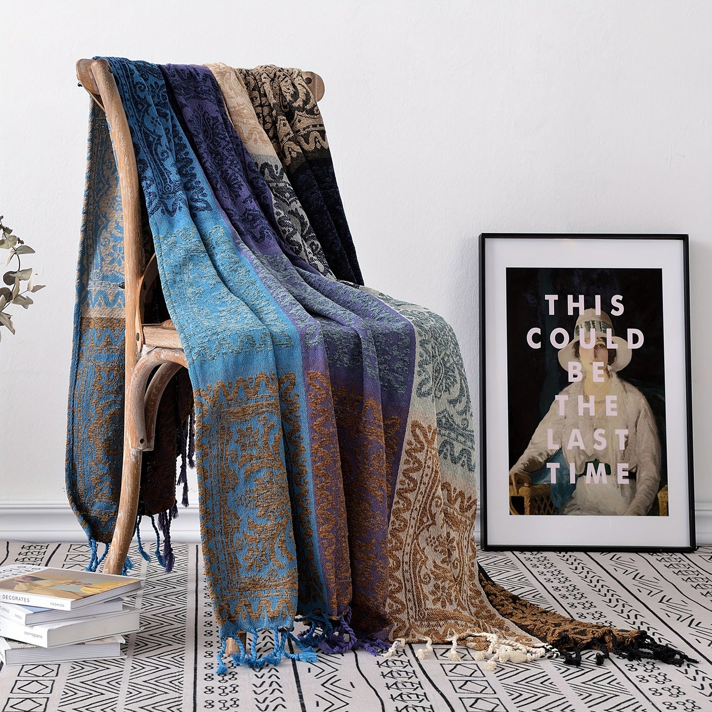 Boho Throw Blanket Colorful Chenille Tassels