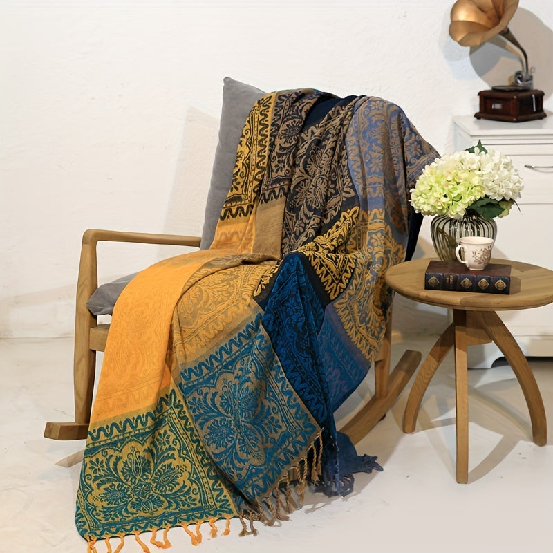 Boho Throw Blanket Chenille Tassel Bedspread