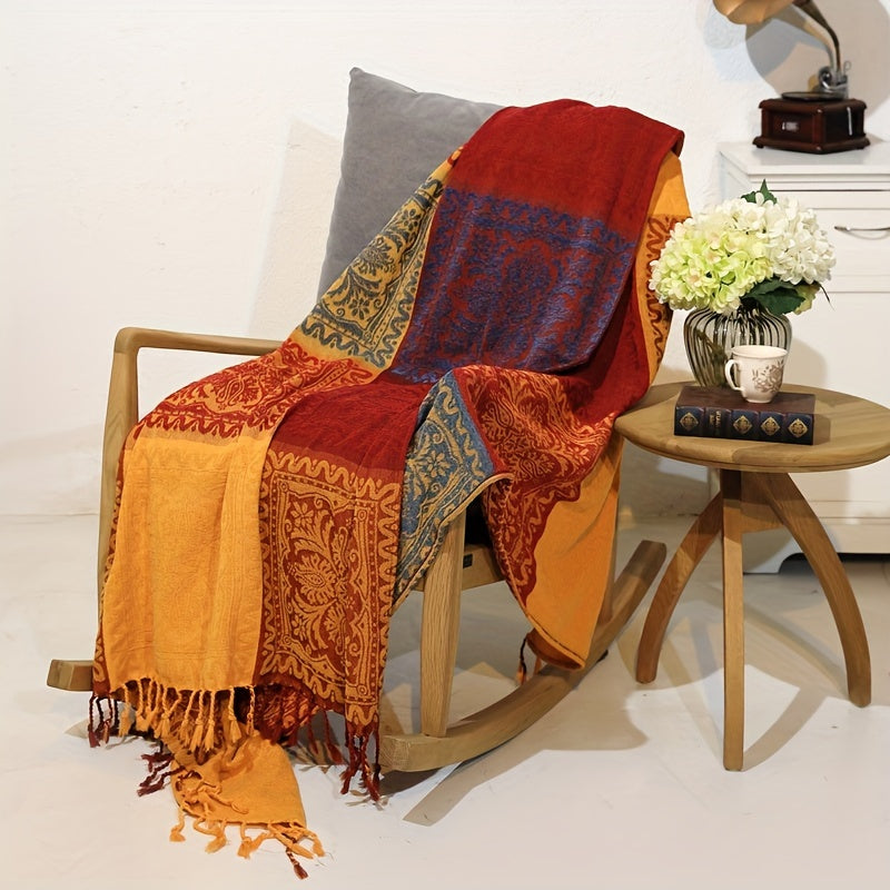 Boho Throw Blanket Chenille Tassel Bedspread