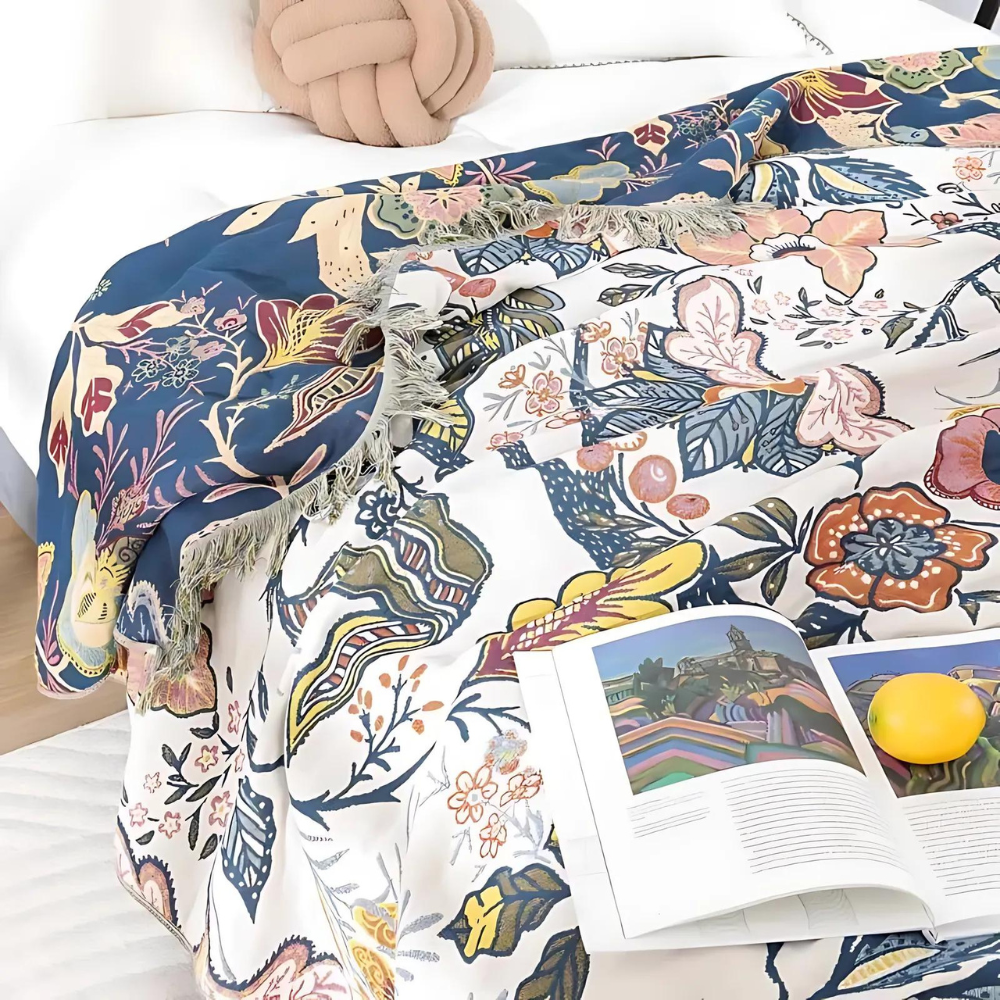 Bohemian Floral Woven Bedspread – Lightweight Cotton Tapestry Blanket with Fringed Edges