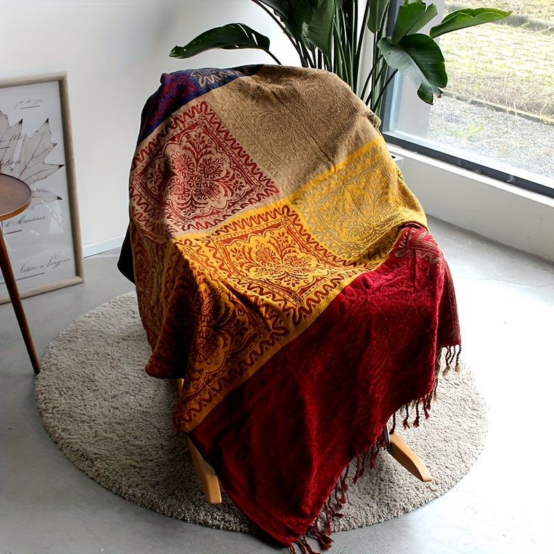 Boho Throw Blanket Chenille Tassel Bedspread