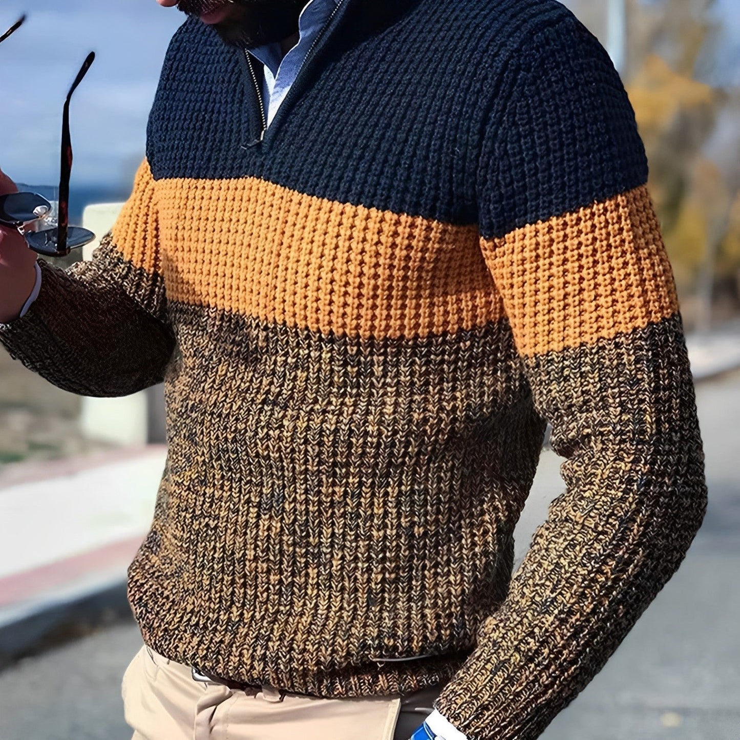 Men’s Colour Block Half Zip Sweater – Textured Knit Pullover for Autumn, Winter, and Smart Casual Wear