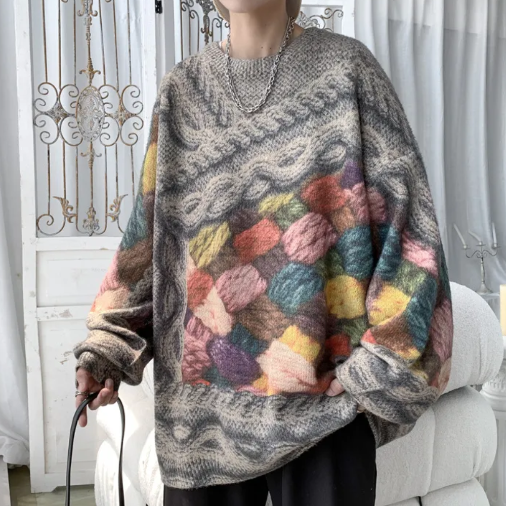 Unisex Oversized Pattern Knit Sweater – Retro Texture with Artistic Edge