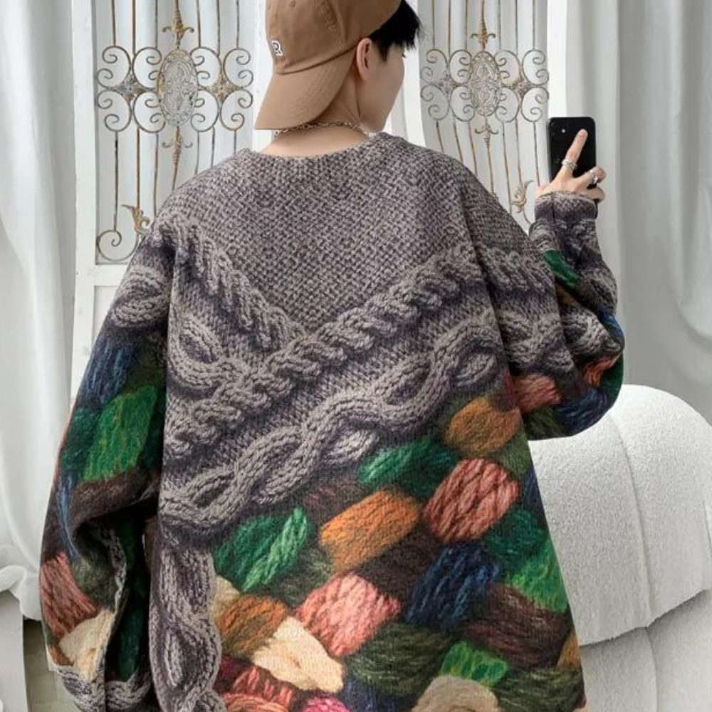 Unisex Oversized Pattern Knit Sweater – Retro Texture with Artistic Edge