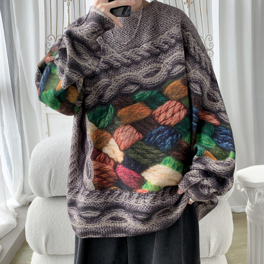 Unisex Oversized Pattern Knit Sweater – Retro Texture with Artistic Edge