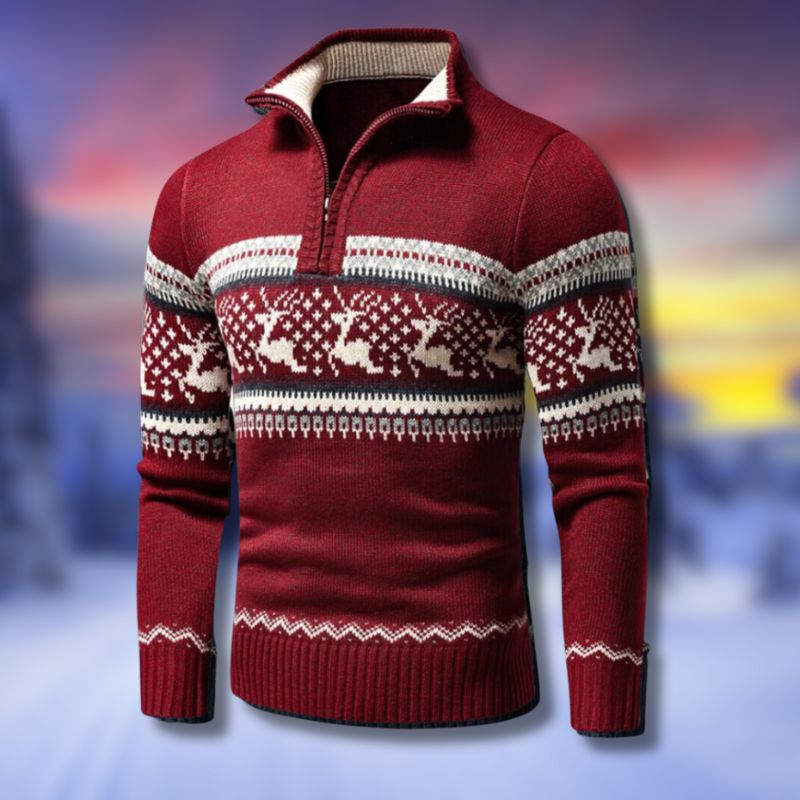 Men’s Nordic Reindeer Quarter-Zip Sweater – Warm Winter Pullover with Festive Knit Pattern