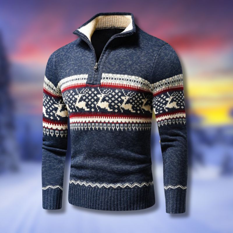 Men’s Nordic Reindeer Quarter-Zip Sweater – Warm Winter Pullover with Festive Knit Pattern