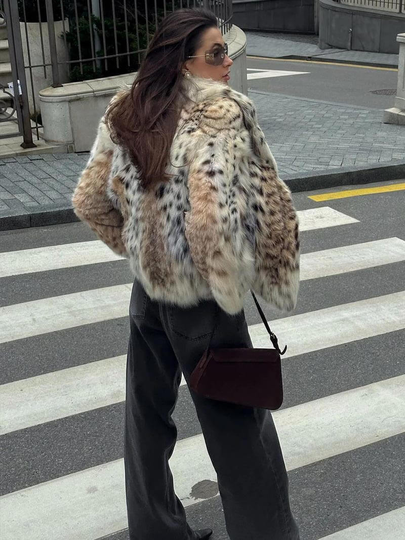 Faux Fur Jacket - Women's Fluffy Leopard Fake Fur Winter Jacket