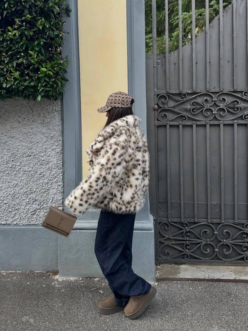Faux Fur Jacket - Women's Fluffy Leopard Fake Fur Winter Jacket