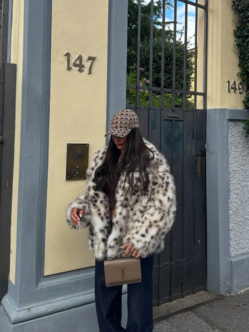 Faux Fur Jacket - Women's Fluffy Leopard Fake Fur Winter Jacket