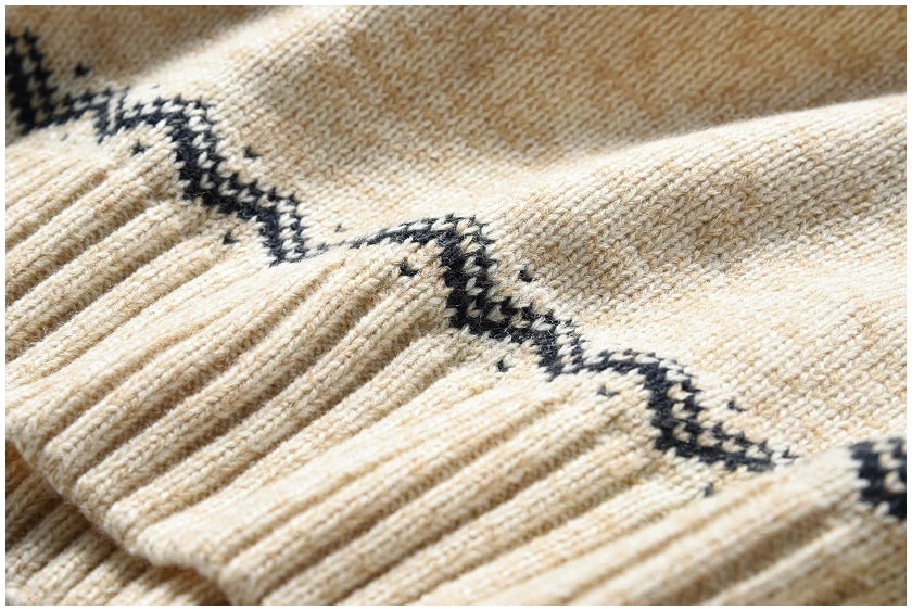 Men's Nordic Reindeer Knit Pullover – Winter Zip Collar Sweater with Traditional Fair Isle Pattern