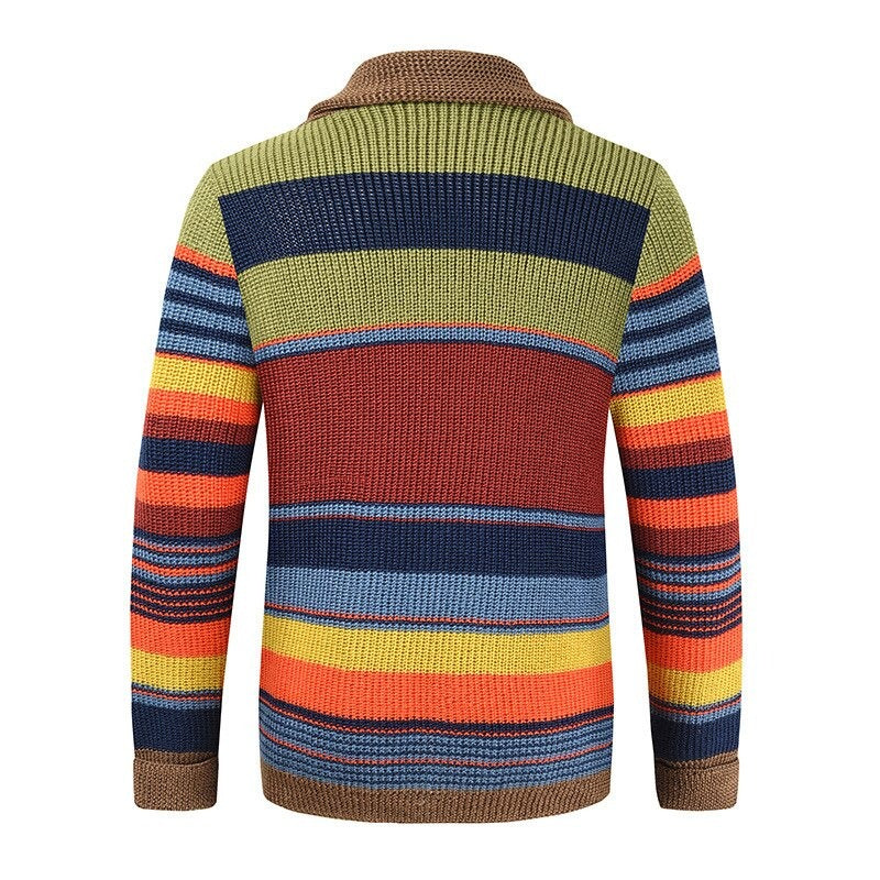 Knit Cardigan - Men's Striped Button-Up Wool Winter Cardigan