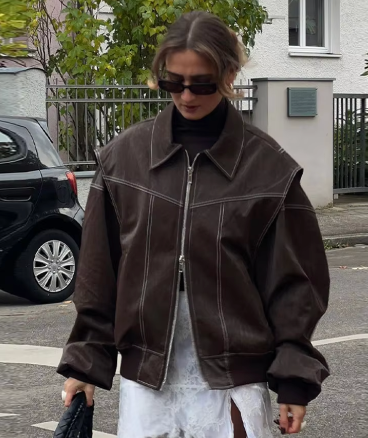 Oversized Bomber Jacket - Women's Zip-Up Bomber Jacket for Autumn