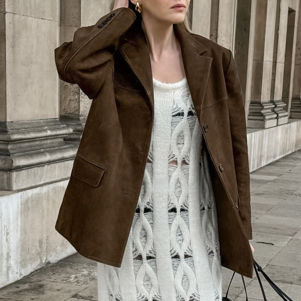 Suede Jacket - Brown - Autumn - Oversized Jacket - Women's Jacket