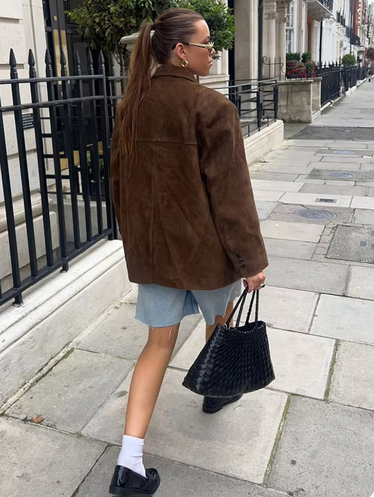 Suede Jacket - Women's Brown Vintage Oversized Suedette Jacket