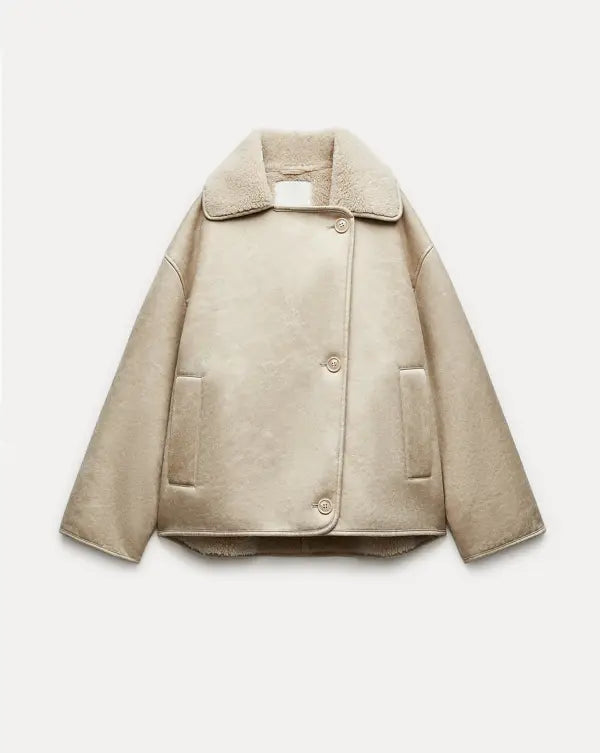 Winter Leather Jacket - Women's Oversized Teddy Lined Leatherette Jacket