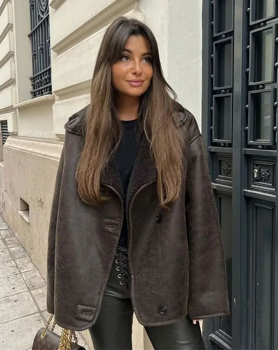 Winter Leather Jacket - Women's Oversized Teddy Lined Leatherette Jacket