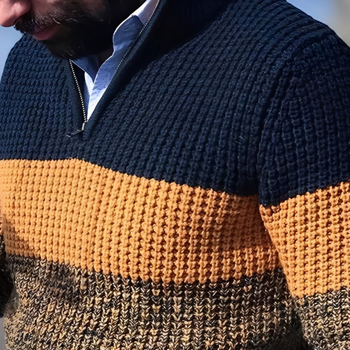 Men’s Colour Block Half Zip Sweater – Textured Knit Pullover for Autumn, Winter, and Smart Casual Wear