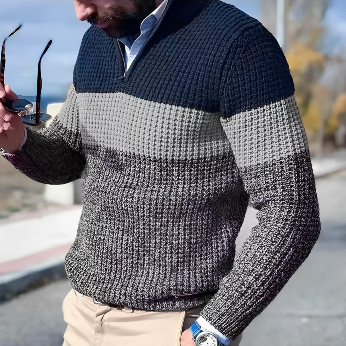 Men’s Colour Block Half Zip Sweater – Textured Knit Pullover for Autumn, Winter, and Smart Casual Wear