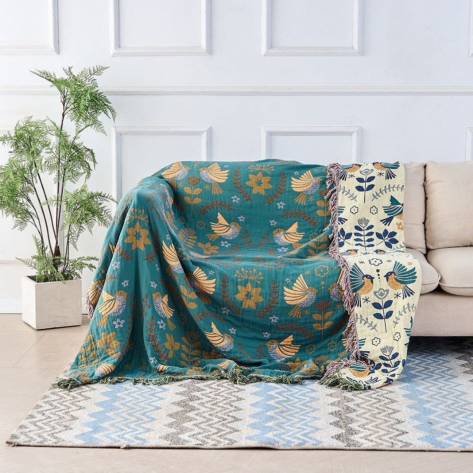 Woven Bird & Floral Cotton Throw Blanket – Reversible Boho Tapestry for Sofa or Bed Layering