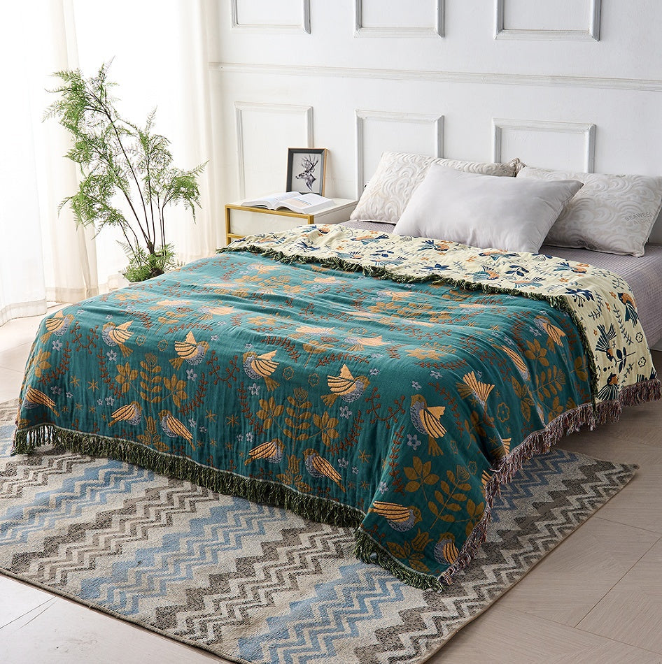 Woven Bird & Floral Cotton Throw Blanket – Reversible Boho Tapestry for Sofa or Bed Layering