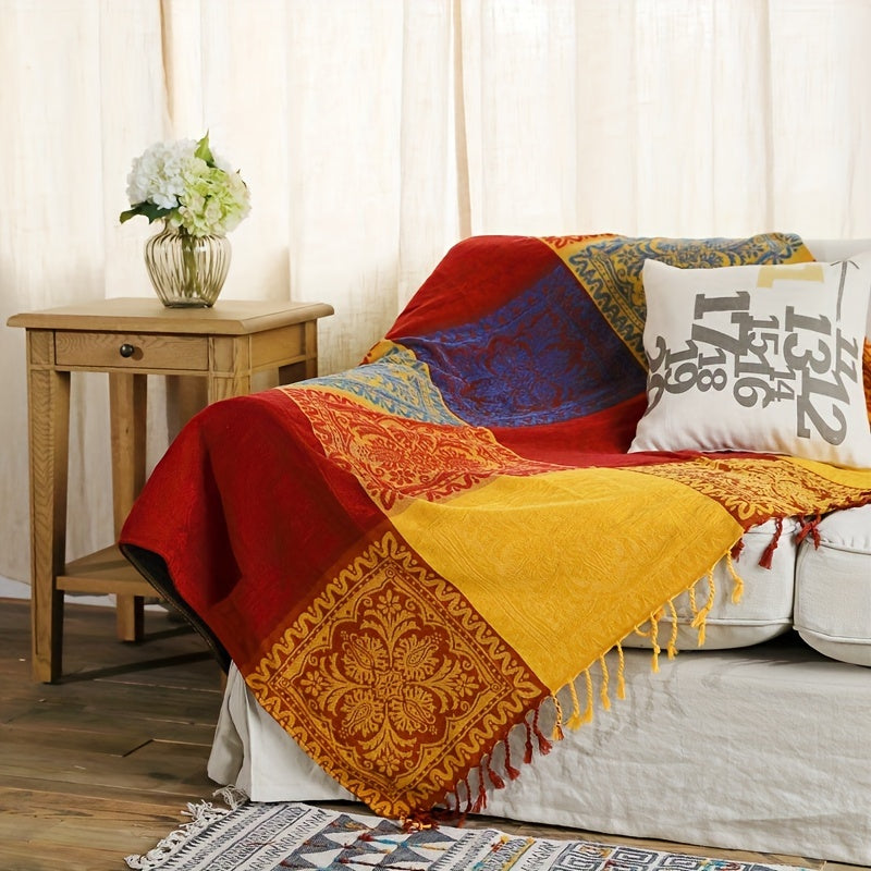 Boho Throw Blanket Chenille Tassel Bedspread