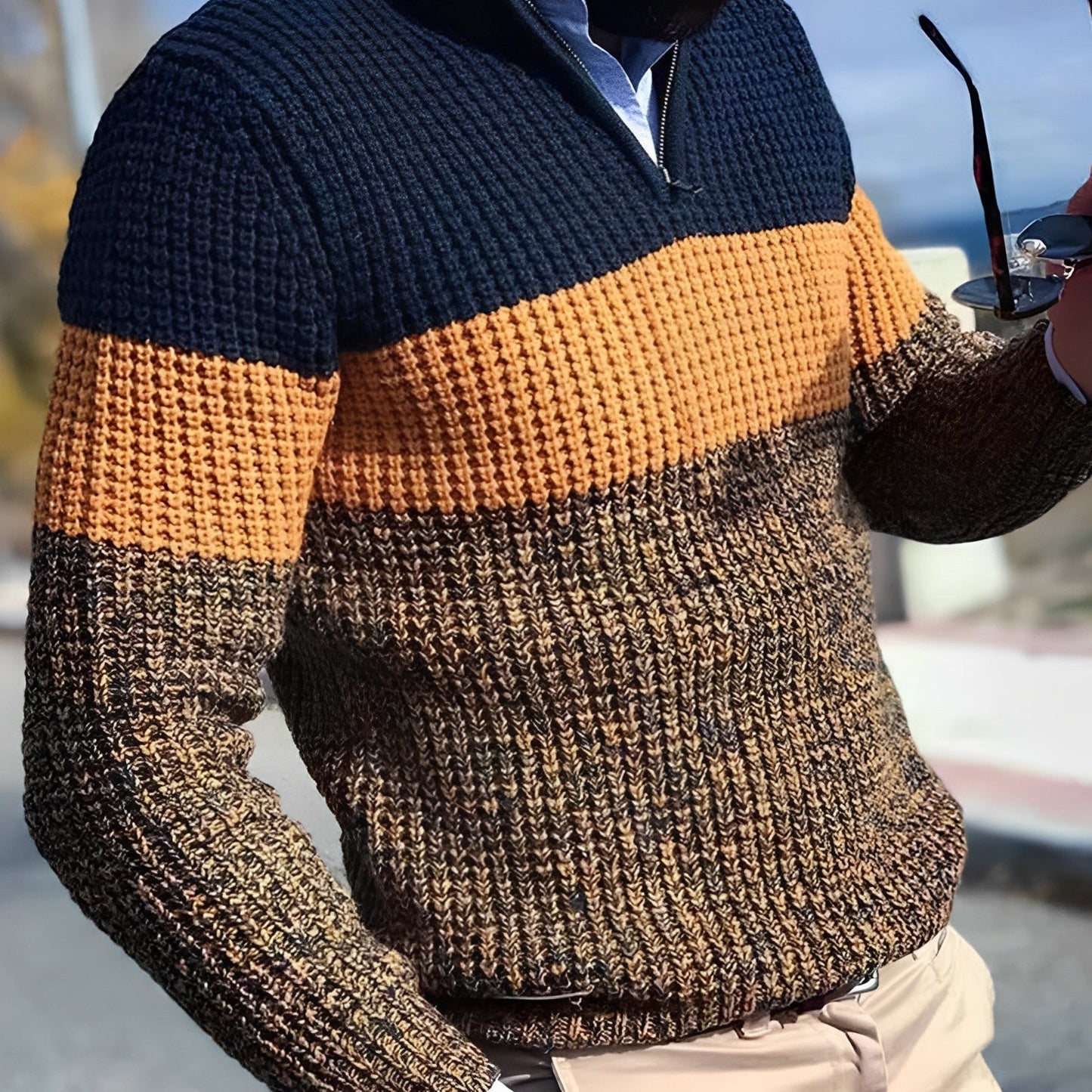Men’s Colour Block Half Zip Sweater – Textured Knit Pullover for Autumn, Winter, and Smart Casual Wear