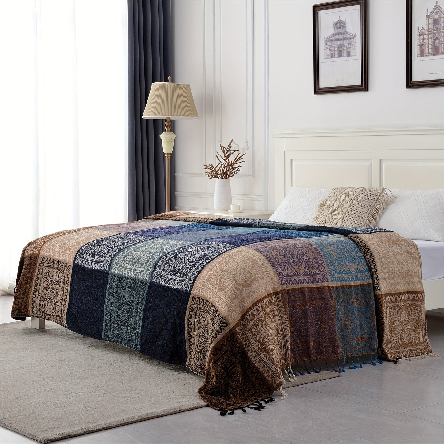 Boho Throw Blanket Colorful Chenille Tassels