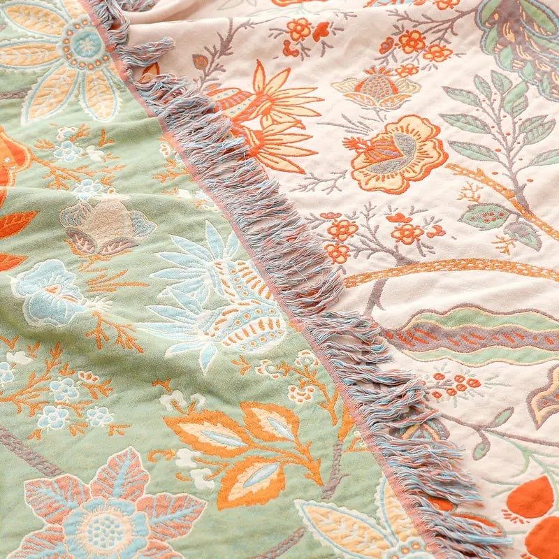 Boho Floral Cotton Throw Blanket – Lightweight Woven Tapestry with Tassels