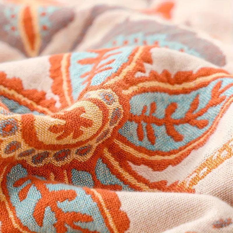 Boho Floral Cotton Throw Blanket – Lightweight Woven Tapestry with Tassels