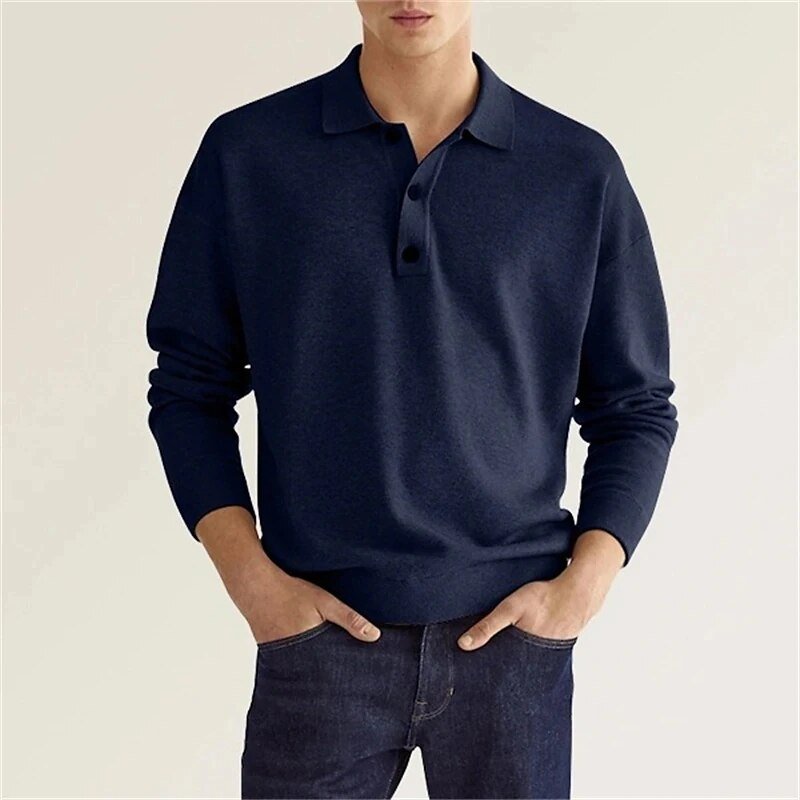 Men’s Long Sleeve Polo Sweater – Casual Knit Pullover with Button Collar for Effortless Style