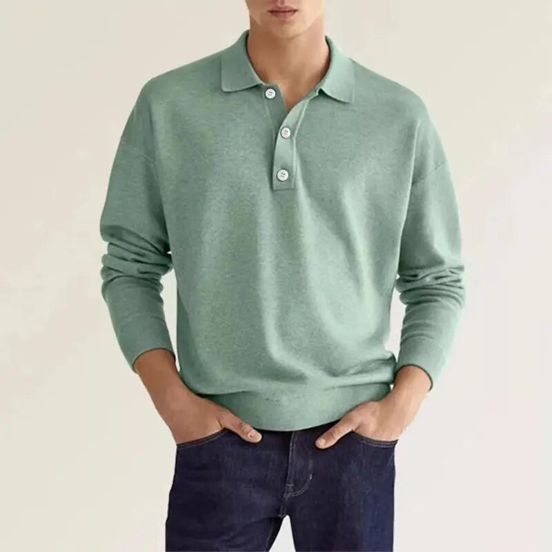 Men’s Long Sleeve Polo Sweater – Casual Knit Pullover with Button Collar for Effortless Style