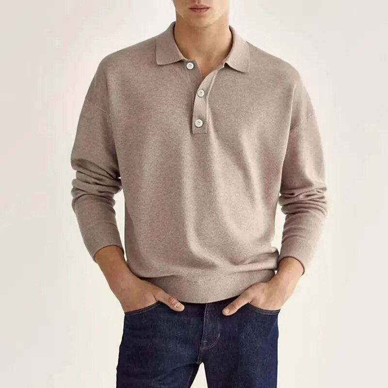 Men’s Long Sleeve Polo Sweater – Casual Knit Pullover with Button Collar for Effortless Style