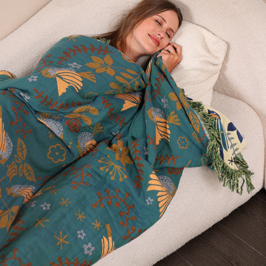 Woven Bird & Floral Cotton Throw Blanket – Reversible Boho Tapestry for Sofa or Bed Layering
