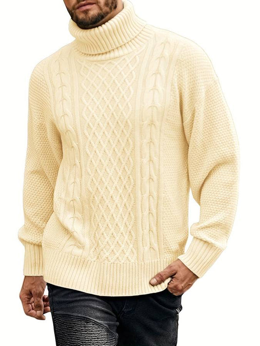 Men's Cable Knit Turtleneck Sweater – Classic Chunky Pullover for Winter Warmth and Timeless Style