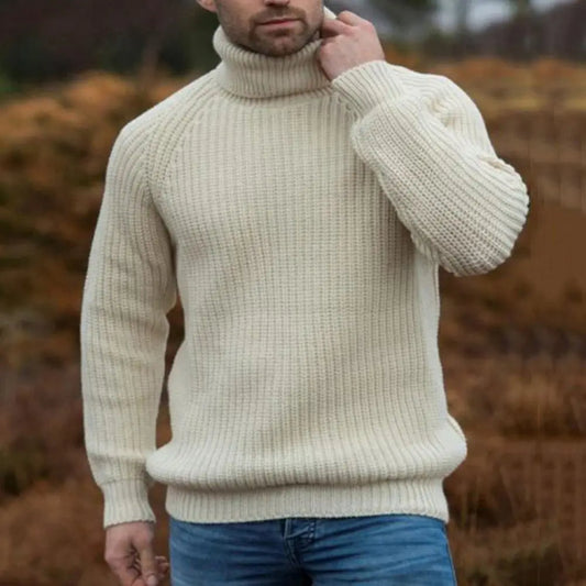 Men's Chunky Knit Wool Blend Turtleneck Jumper - Cream Winter Pullover