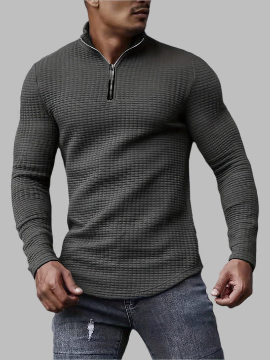 Men’s Quarter-Zip Waffle Knit Pullover – Slim Fit Long Sleeve Casual Top