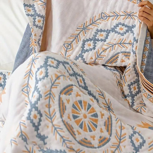 Boho Cotton Embroidered Quilt Blanket – Lightweight Decorative Bed Cover for All-Season Comfort