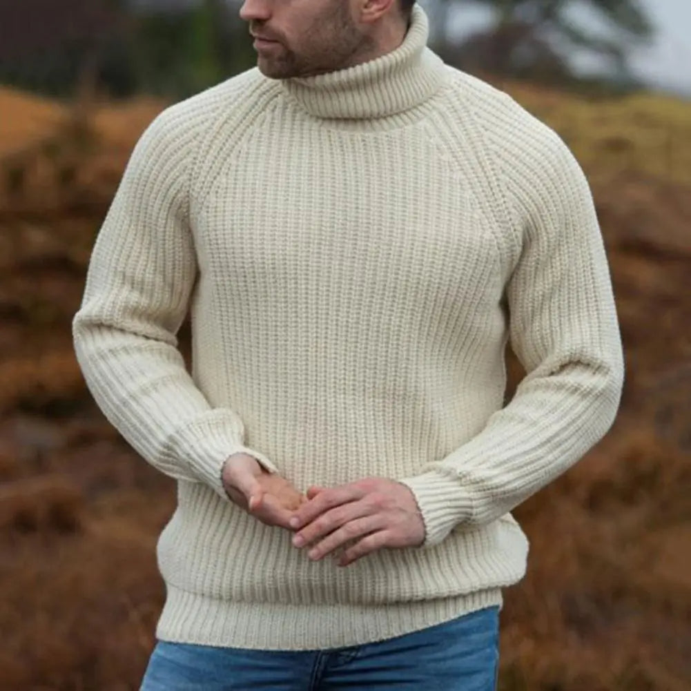 Men's Chunky Knit Wool Blend Turtleneck Jumper - Cream Winter Pullover