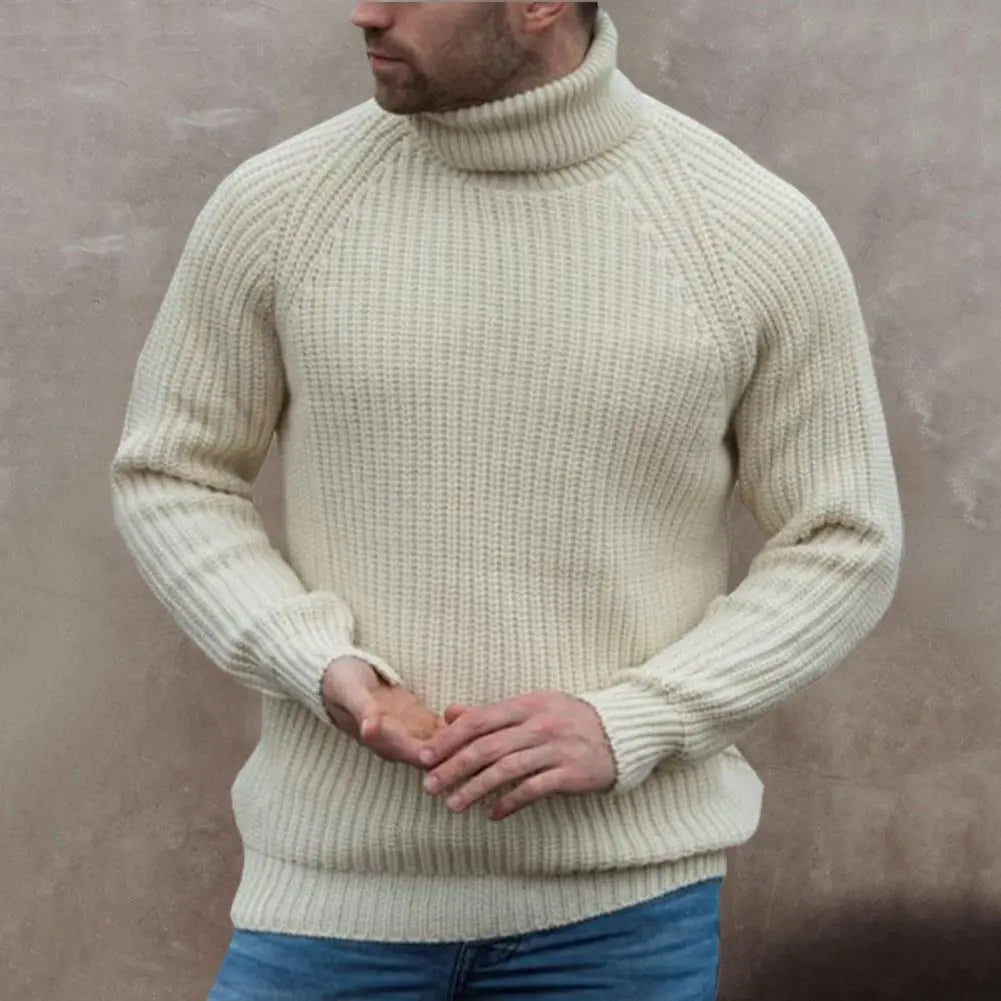 Men's Chunky Knit Wool Blend Turtleneck Jumper - Cream Winter Pullover
