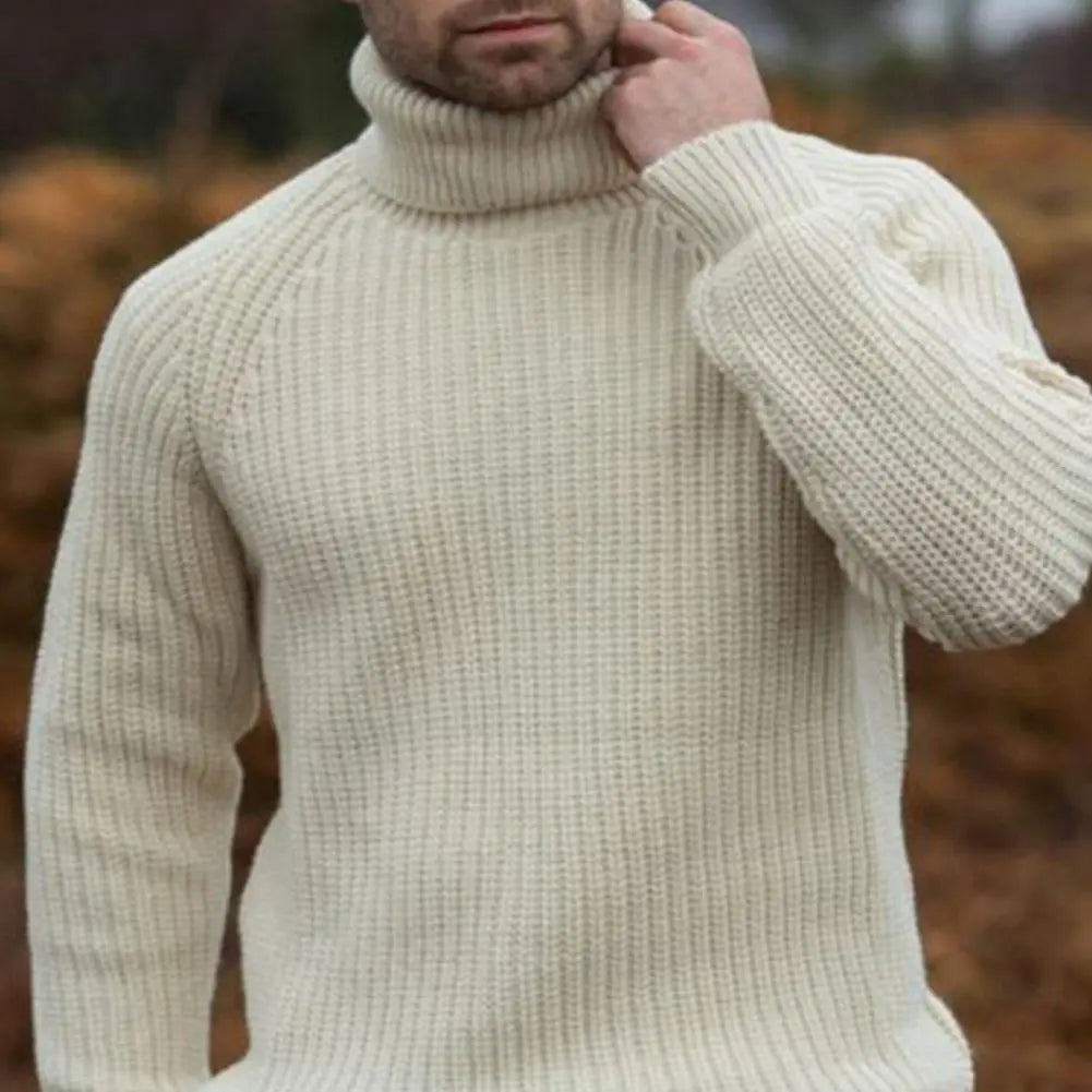 Men's Chunky Knit Wool Blend Turtleneck Jumper - Cream Winter Pullover