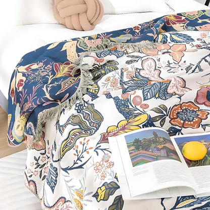 Bohemian Floral Woven Bedspread – Lightweight Cotton Tapestry Blanket with Fringed Edges