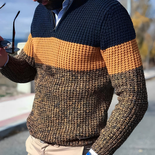 Men’s Colour Block Half Zip Sweater – Textured Knit Pullover for Autumn, Winter, and Smart Casual Wear