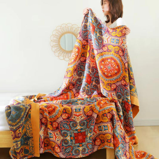 Boho Mandala Pattern Quilt Blanket – Lightweight Reversible Cotton Bedspread for All-Season Style
