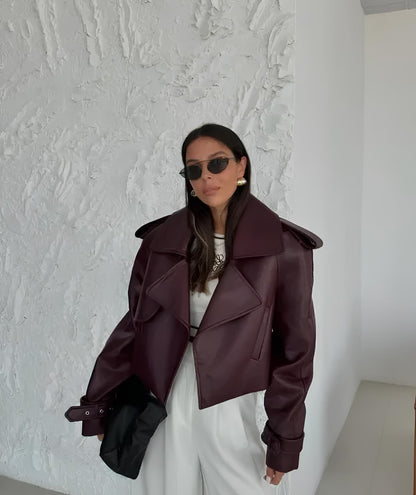Burgundy Leather Jacket | Faux Leather | Cropped | Biker Jacket | Women's Leather Jacket 