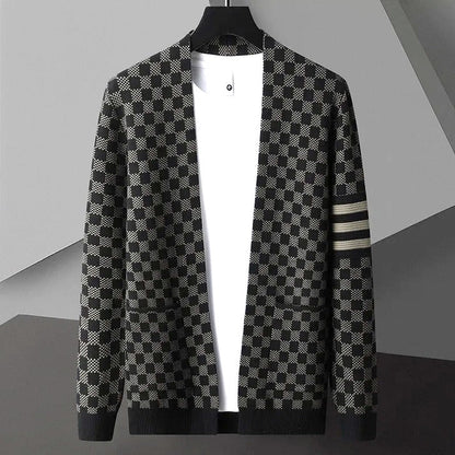 Checkered Cardigan - Men's Plaid Thin Open Front Cardigan with Pockets