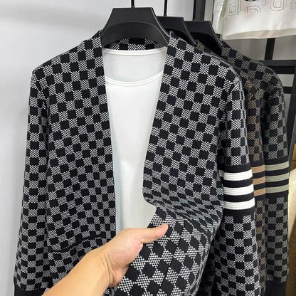 Checkered Cardigan - Men's Plaid Thin Open Front Cardigan with Pockets